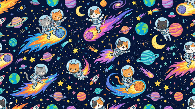 Seamless Pattern of Cute Astronaut Cats in Space with Planets, Stars, and Comets; Whimsical Cartoon Illustration of Spacefaring Kittens in Suits, AI Generated Background