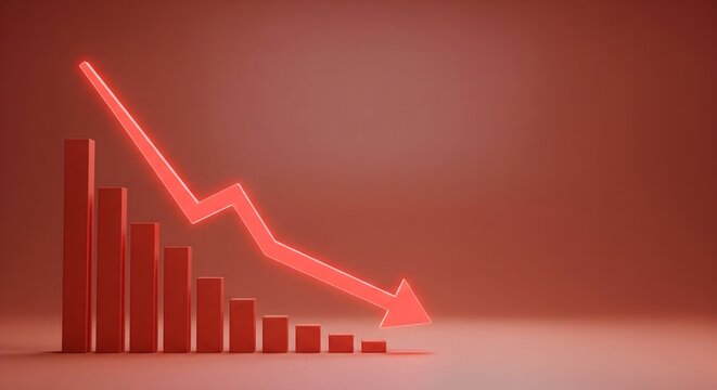 A red bar graph with a downward glowing arrow illustrating a financial decline and economic recession.