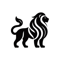 Obraz premium A stylized black lion with a flowing mane and tail, standing proudly on a white background, depicted as a strong and elegant emblem.