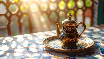 Fototapeta premium Ornate Polished Brass Teapot and Saucer Set Bathed in Warm Sunlight