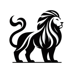 Obraz premium A stylized black and white illustration of a majestic lion with a flowing mane and tail.