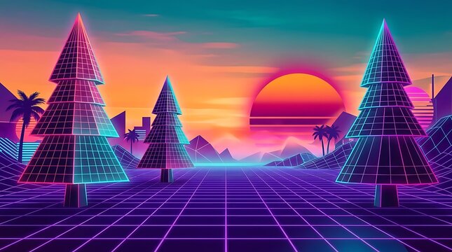 Neon wireframe pine trees in a futuristic retro sunset landscape