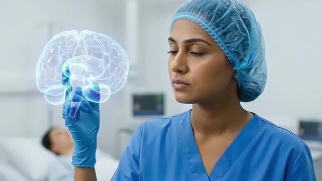 Surgeon analyzing holographic brain model in operating room