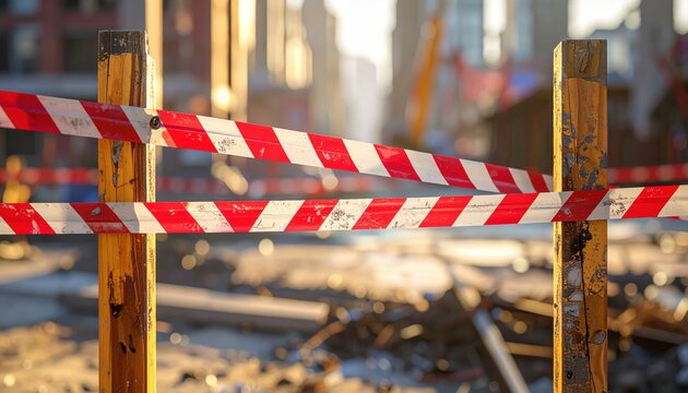 Red and white striped caution tape marking a restricted construction area