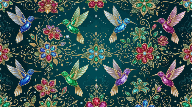 Seamless Pattern of Ornate Jewel-Encrusted Hummingbirds and Filigree Flowers on Dark Emerald Green Background, Luxurious Gemstone Bird Illustration with Gold Accents, AI Generated