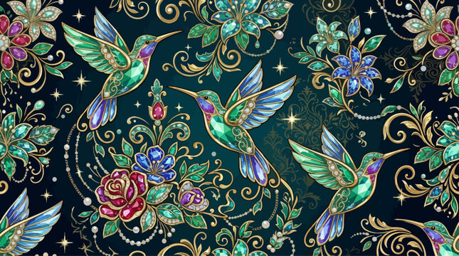 Luxurious seamless pattern featuring jeweled hummingbirds and ornate flowers crafted from emeralds, sapphires, and gold filigree on a dark teal background with sparkling light, AI generated.