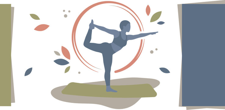 Yoga practitioner maintains a balanced dancer pose within a decorative circular frame surrounded by falling leaves.