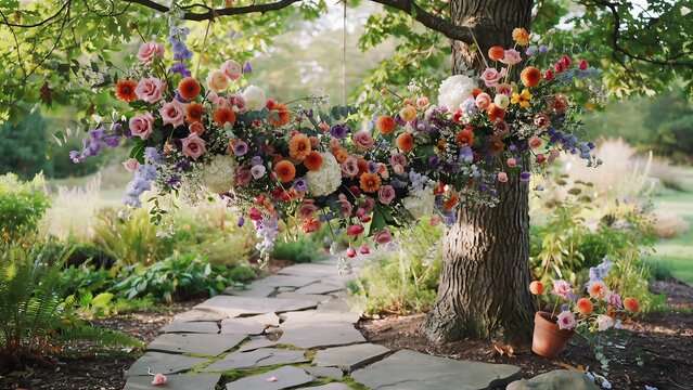 Vibrant floral wedding archway hangs from tree over garden path