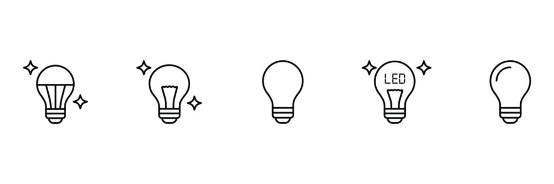Minimal light bulb icon set with led lamp line art for creative bright idea concept vector illustration.