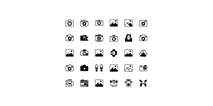 Icons Photography Set with Various Camera and Image Symbols Featuring Icon, Black, White with Vector and Graphic Elements for Design, Photo Editing
