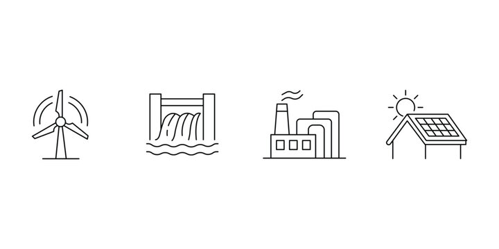 Renewable energy icon set with wind turbine solar panel hydro dam and factory vector illustration.