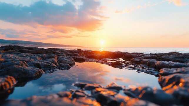 Sunset breeze over rocky tide pools, picturesque light glinting off the water