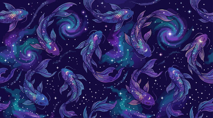 Obraz premium Seamless Pattern of Celestial Koi Fish Swimming in a Cosmic Galaxy with Swirling Nebulae, Stars, and Mystical Purple and Blue Lighting, AI Generated Illustration