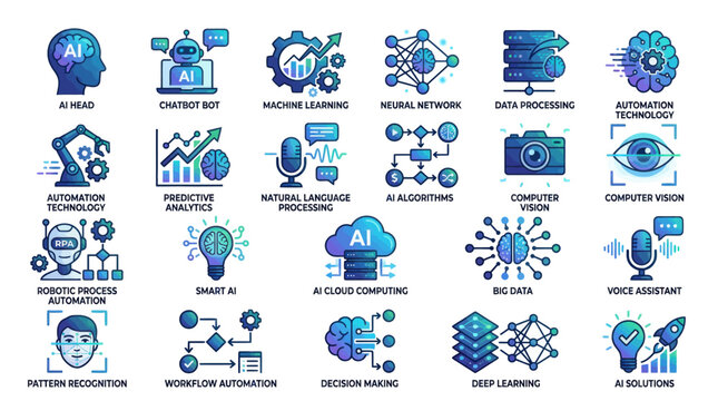 Artificial intelligence and machine learning technology icon set