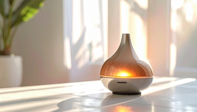 Modern brushed steel essential oil diffuser emitting warm light and mist in a sunlit room