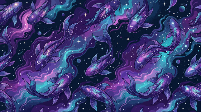 Seamless Pattern of Celestial Koi Fish Swimming in a Cosmic Galaxy Nebula, Ethereal Purple and Teal Space Background with Stars and Planets, AI Generated Digital Art Illustration