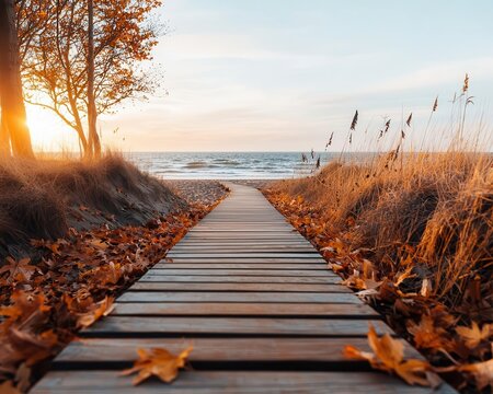 Picturesque boardwalk path at sunset, breeze rustling leaves and ocean waves below