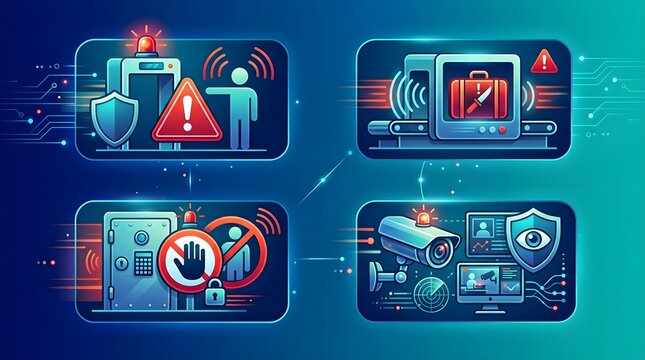 Airport metal detector alert, baggage X-ray scanner with knife warning, restricted access vault door, and CCTV camera surveillance.