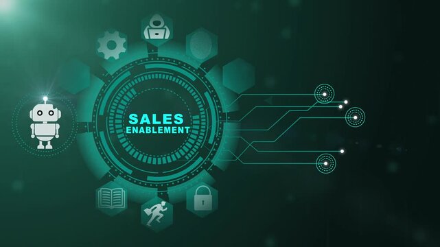 Sales Enablement Technology Interface with Smart Revenue Growth and Digital Business Systems on Dark Background 4k animation video