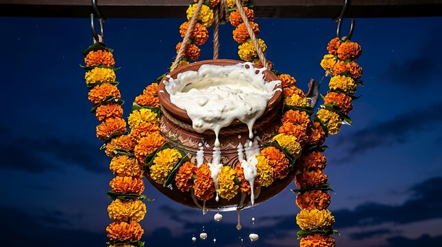 Traditional clay pot with curd and marigold garlands for janmashtami