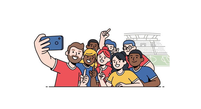 Group of happy diverse young sports fans taking a selfie at a stadium, celebrating togetherness and team spirit during a game