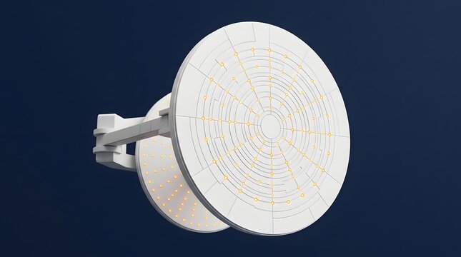 A minimalist vector illustration of a round satellite dish designed with a circle pattern like a protractor tool against a blue sky background.