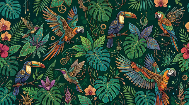Intricate Steampunk Tropical Bird Seamless Pattern Featuring Mechanical Parrots, Toucans, and Hummingbirds with Gears, Cogs, and Exotic Jungle Leaves, AI Generated Illustration