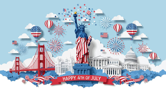 Happy 4th of July American landmarks illustration