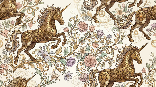 Seamless Steampunk Pattern Featuring Mechanical Golden Unicorns with Intricate Gears and Clockwork Details Amidst Elegant Vintage Roses and Floral Filigree, AI Generated Illustration