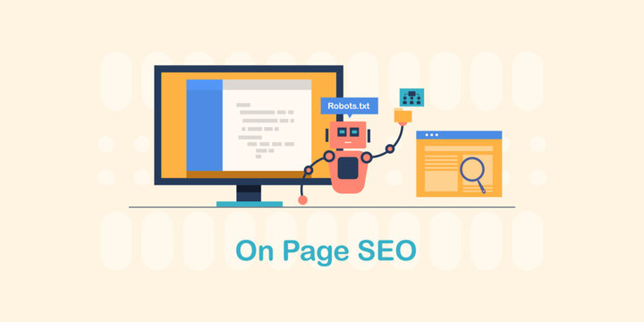 On page SEO metadata displays on code editor, Robot figure holding structured data file for website optimization.