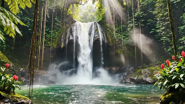Waterfall cascading into a turquoise pool within a dense tropical rainforest, featuring sunbeams filtering through the green canopy, lush fern foliage, and vibrant red flowers.