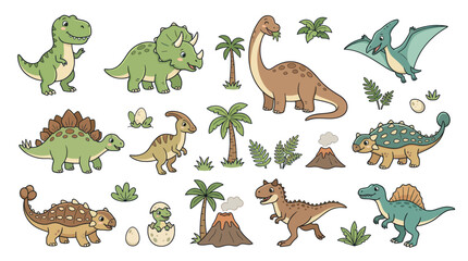 Cute Cartoon Dinosaurs Collection - Prehistoric Creatures and Volcanoes © yati