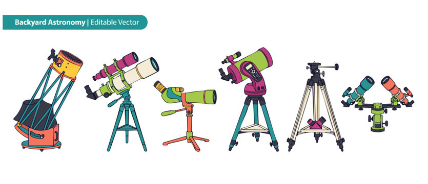 Telescope vector illustration astronomy equipment set for stargazing and space observation. Colorful flat icons of amateur backyard optical scope tools, dobsonian, tripod and space stargazing gear.