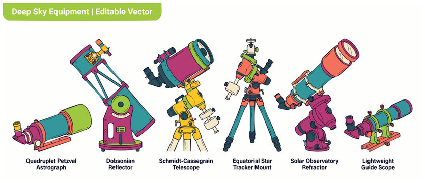 Telescope vector set astronomy equipment for stargazing and deep space observation featuring cartoon Dobsonian reflector, Schmidt-Cassegrain, solar refractor, and equatorial mount on white background.