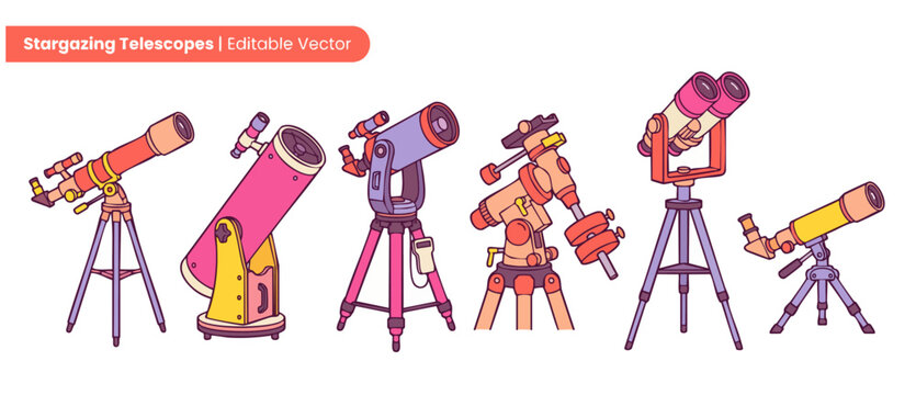 Stargazing telescope vector astronomy equipment set of colorful icons featuring various cartoon optical spyglass, binoculars, and dobsonian reflectors on tripods for space observation design projects.
