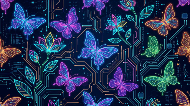 Futuristic seamless pattern featuring neon glowing butterflies and flowers integrated with digital circuit board lines on a dark background, tech-nature fusion, AI generated digital illustration.