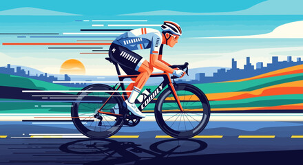 Fototapeta premium Dynamic Illustration of a Cyclist in Motion on a Road with a Cityscape and Sunburst in the Background