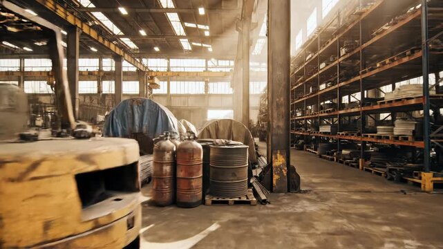 Interior view of a large industrial warehouse and manufacturing workshop featuring a yellow forklift, workbenches with tools, wooden crates, and metal storage shelving under sunlight beams.