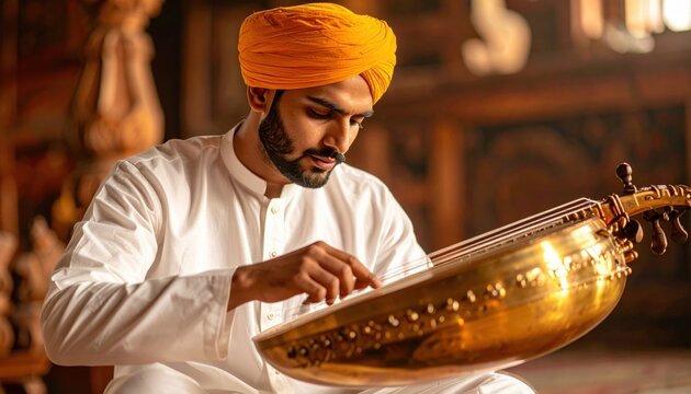 Young Indian man with orange turban playing traditional sitar instrument with focused expression