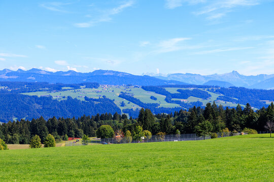 Allg&auml;u Alps mountain panorama seen from Waldwelt Skywalk Allg&auml;u in Scheidegg, Bavaria, Germany