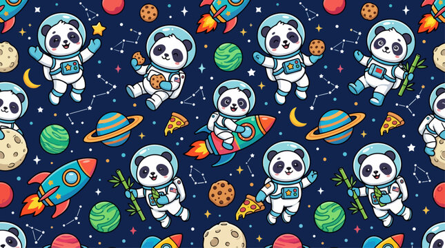 Seamless Pattern of Cute Panda Astronauts Floating in Outer Space with Rockets, Planets, Stars, Pizza, and Cookies, Playful Cartoon Illustration for Kids Fabric and Wallpaper, AI Generated
