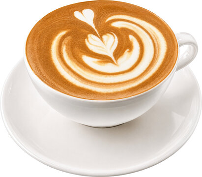 High angle view of a cup of hot cappuccino with elegant heart and rosetta latte art design, isolated on white background.