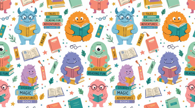 Seamless Pattern of Cute Colorful Monsters Reading Books, Educational Cartoon Characters with Eyeglasses and Bookmarks, Whimsical Vector Illustration for Kids, AI Generated