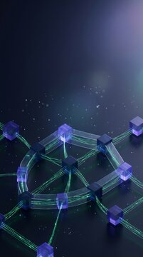 Glowing purple cubes connected by radiant green light beams representing a complex digital network structure