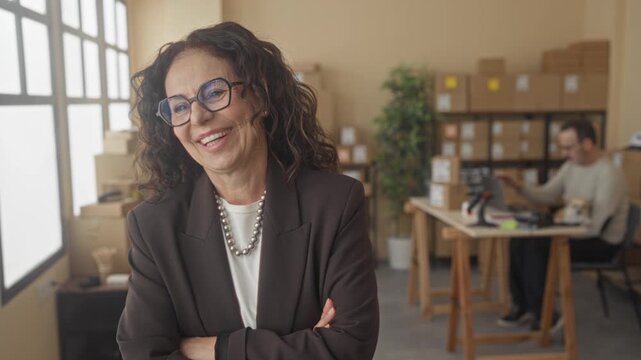 Middle aged woman smiling with arms crossed beside stacked parcel boxes, packing tape and laptop on a worktable in a building; confidence entrepreneurship.