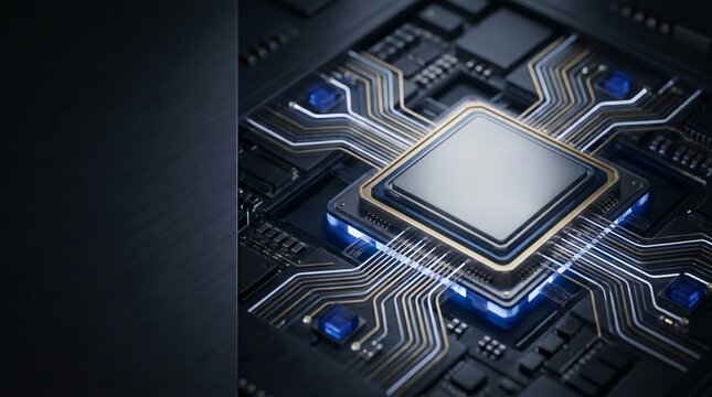 Detailed digital central processing unit chip with glowing gold circuits and bright blue neon lights