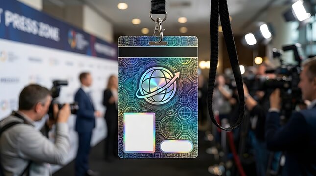 Holographic press pass with globe logo for media access at sporting event or conference, journalists and photographers in background blurred with cameras and microphones covering event.