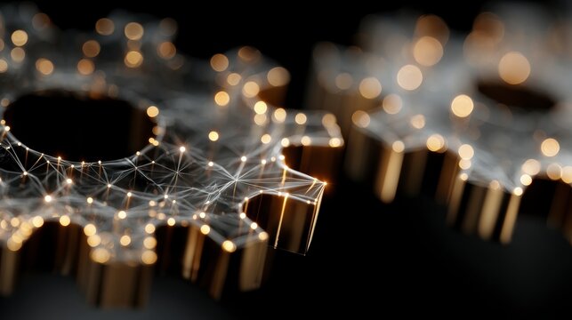 Gold mechanical gears connected by glowing digital network lines with soft bokeh light effects on dark background