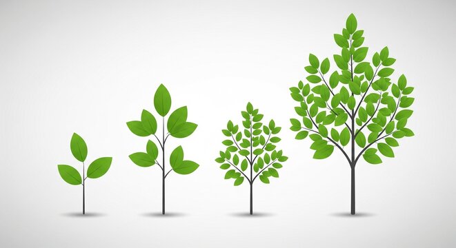 Four green trees showing stages of plant growth on a white background