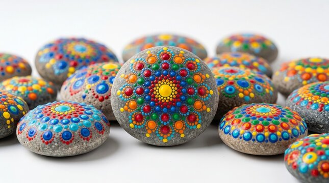 Colorful Hand Painted Mandala Pebble Stones with Intricate Dot Art Patterns Isolated on White Background